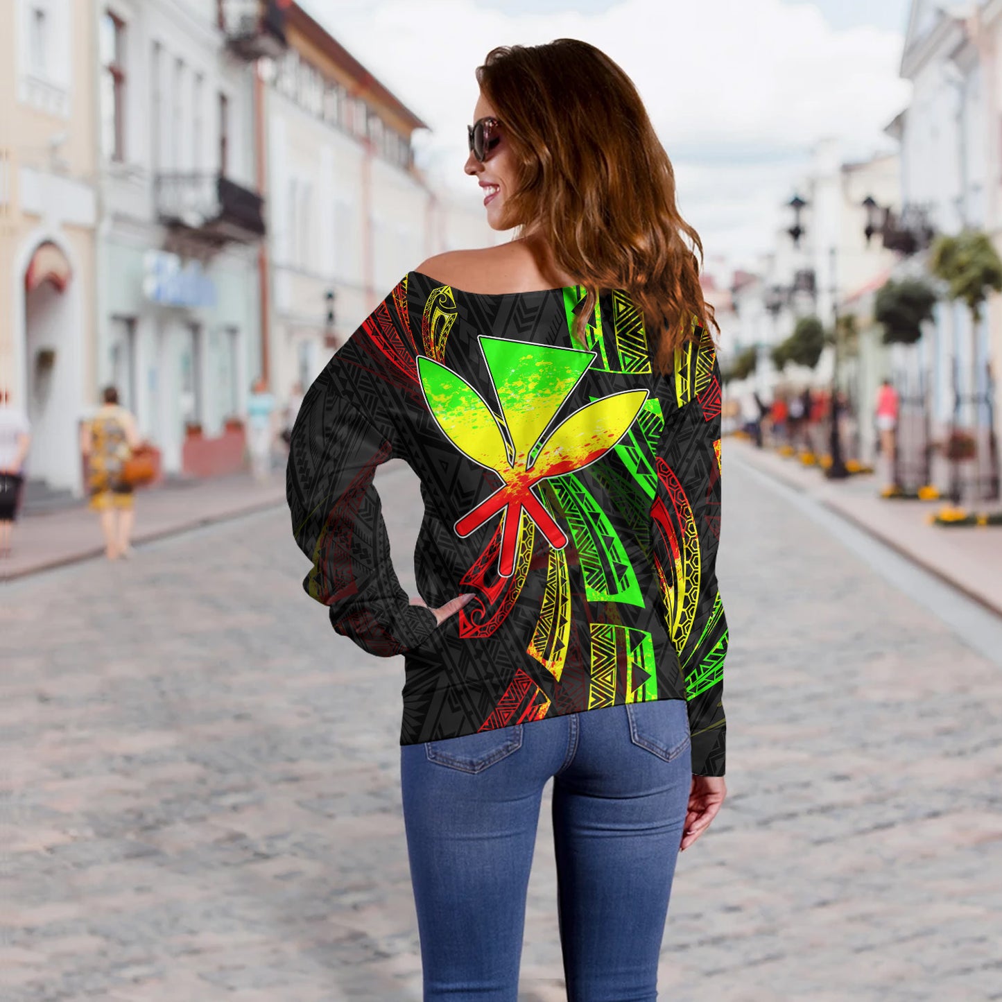 Hawaii Off Shoulder Sweatshirt Kanaka Maoli Polynesian Pattern Reggae Color