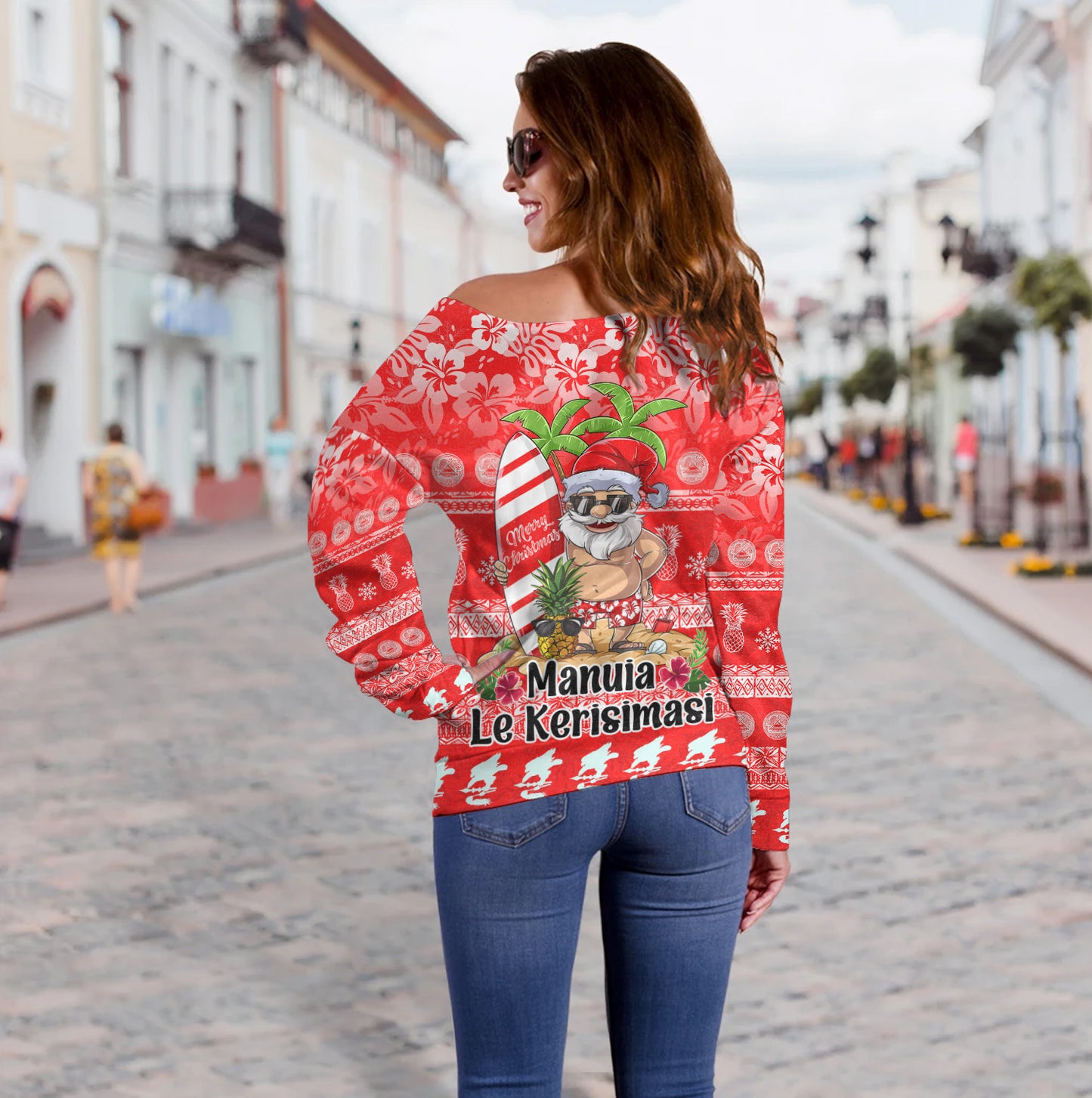 American Samoa Off Shoulder Sweatshirt Manuia Le Kerisimasi Tropical Xmas Patterns