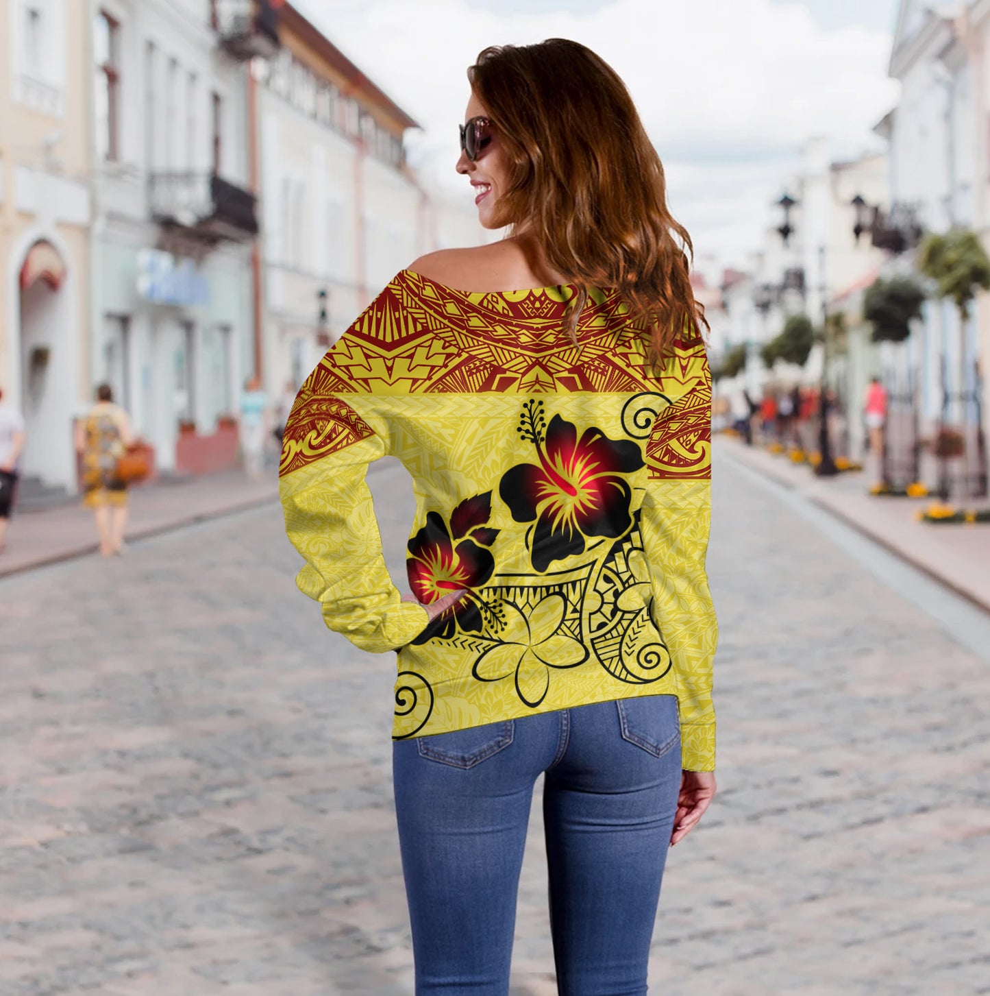 Hawaii Off Shoulder Sweatshirt Polynesian Tribal Patterns Hibiscus Flowers Yellow Color