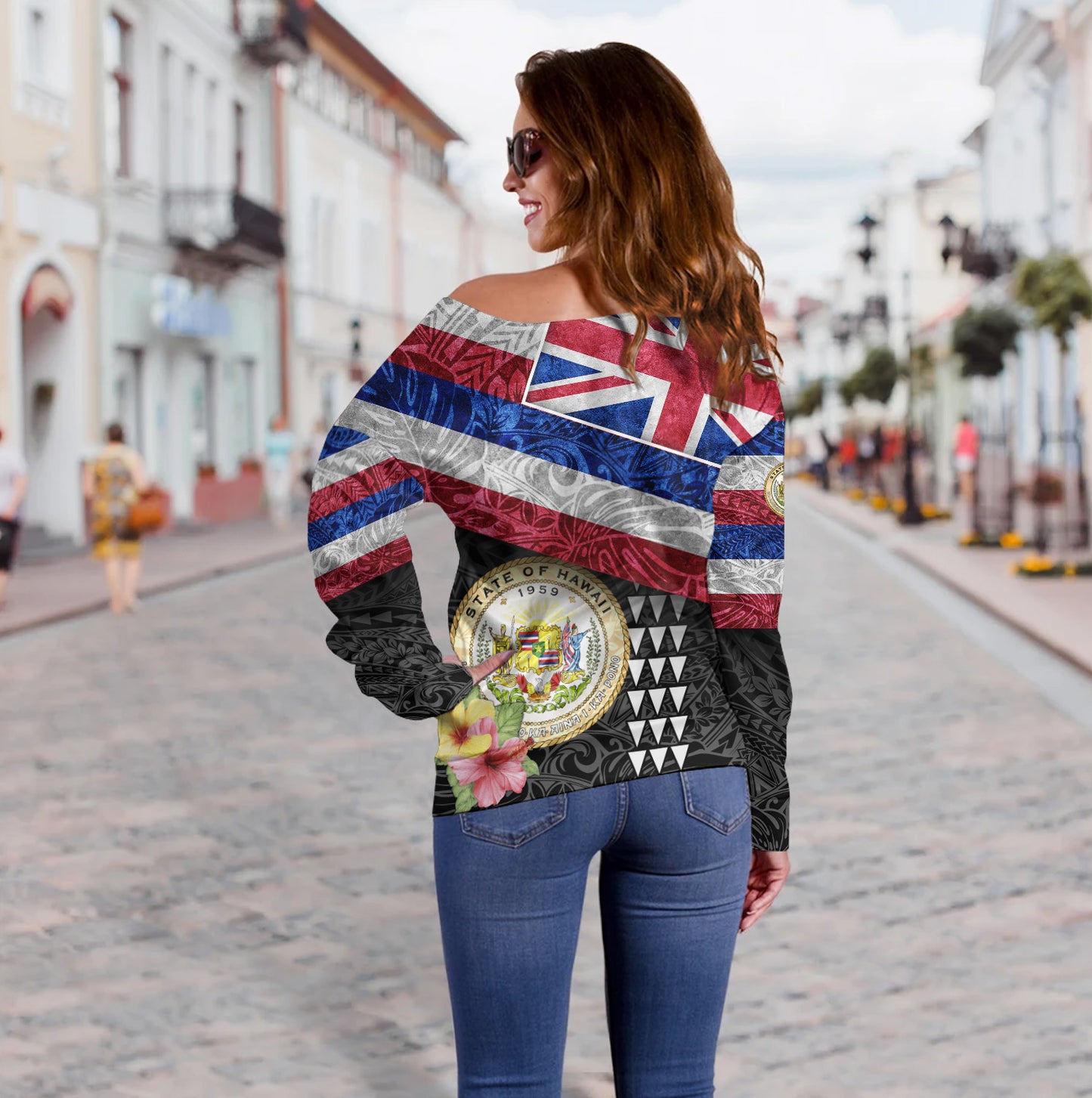 Hawaii Off Shoulder Sweatshirt Hawaiian Flag Polynesian Tribal Hibiscus Style