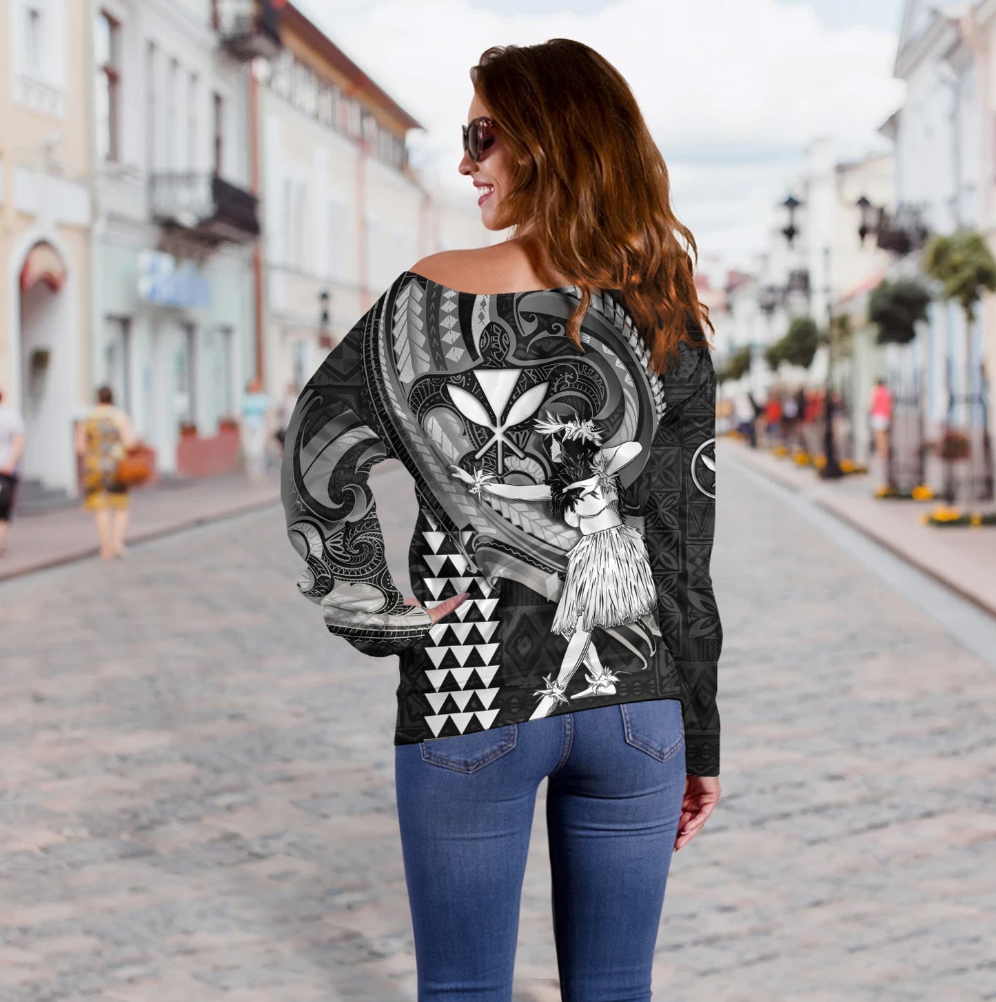 Hawaii Off Shoulder Sweatshirt Kanaka Maoli Hula Girls Polynesian Traditional Tattoo