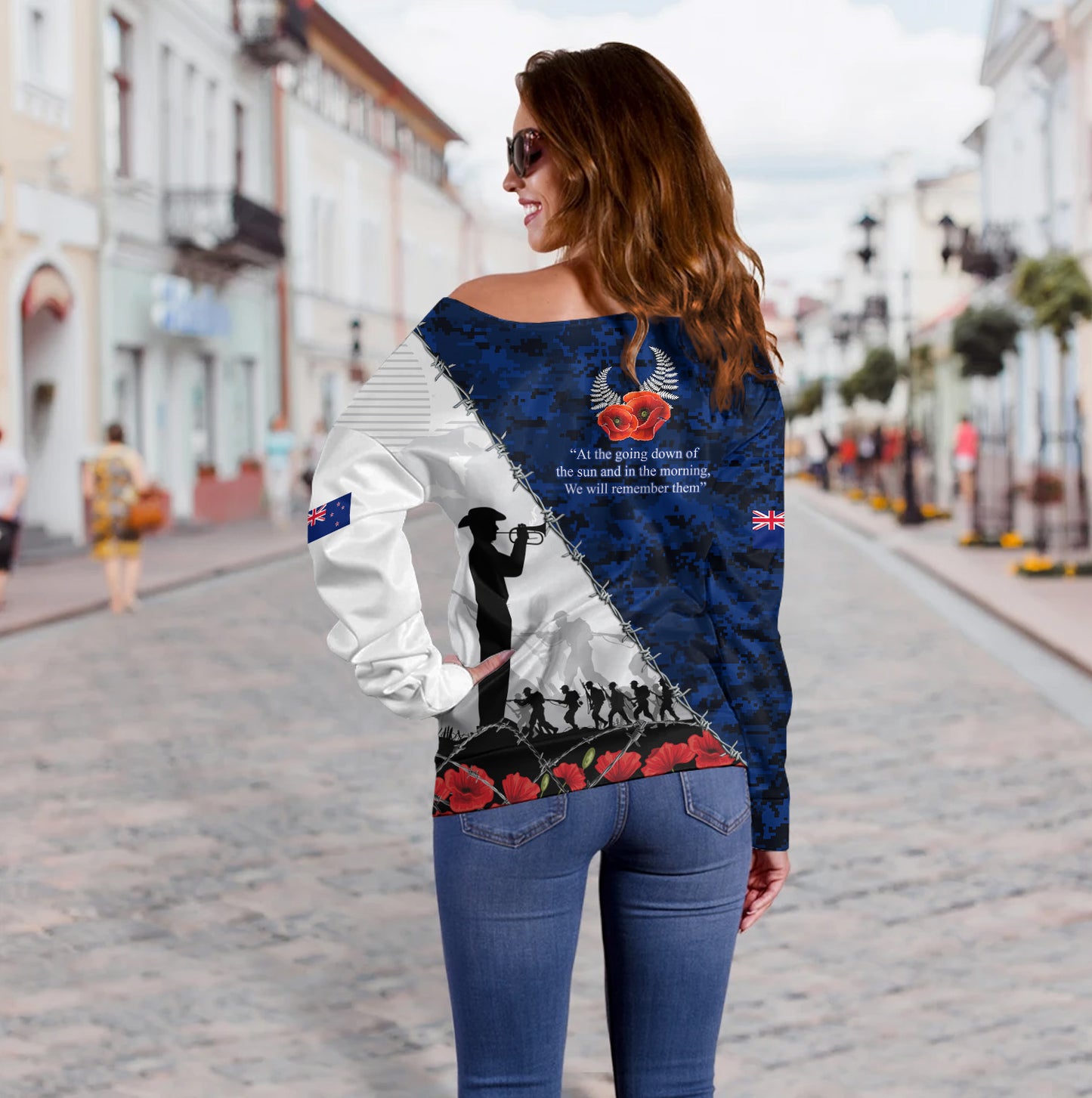 New Zealand Off Shoulder Sweatshirt Anzac Day Poppy Flower And Barbed Wire