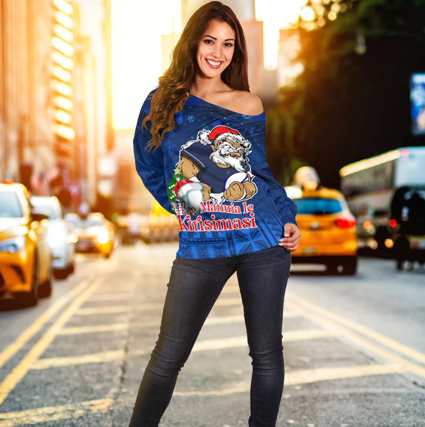 Samoa Off Shoulder Sweatshirt Manuia Le Kirisimasi Rugby Santa Style