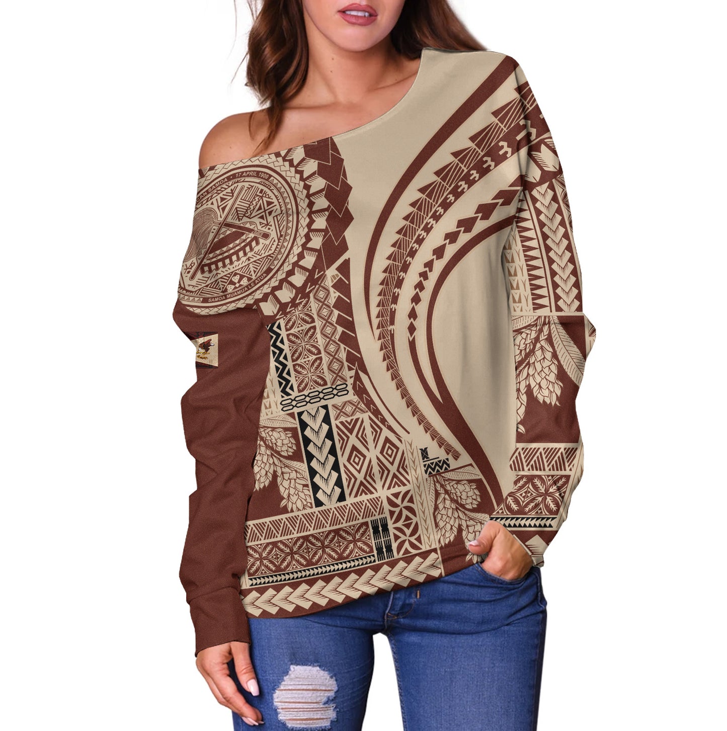 American Samoa Off Shoulder Sweatshirt Samoan Siapo Brown Design