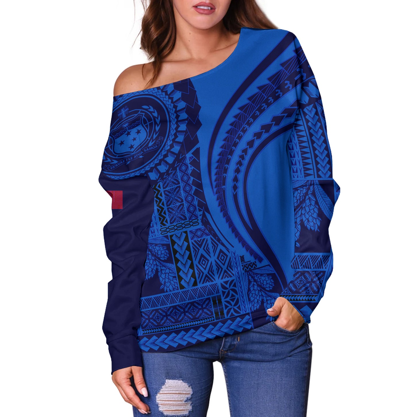 Samoa Off Shoulder Sweatshirt Seal Samoan Siapo Blue Design