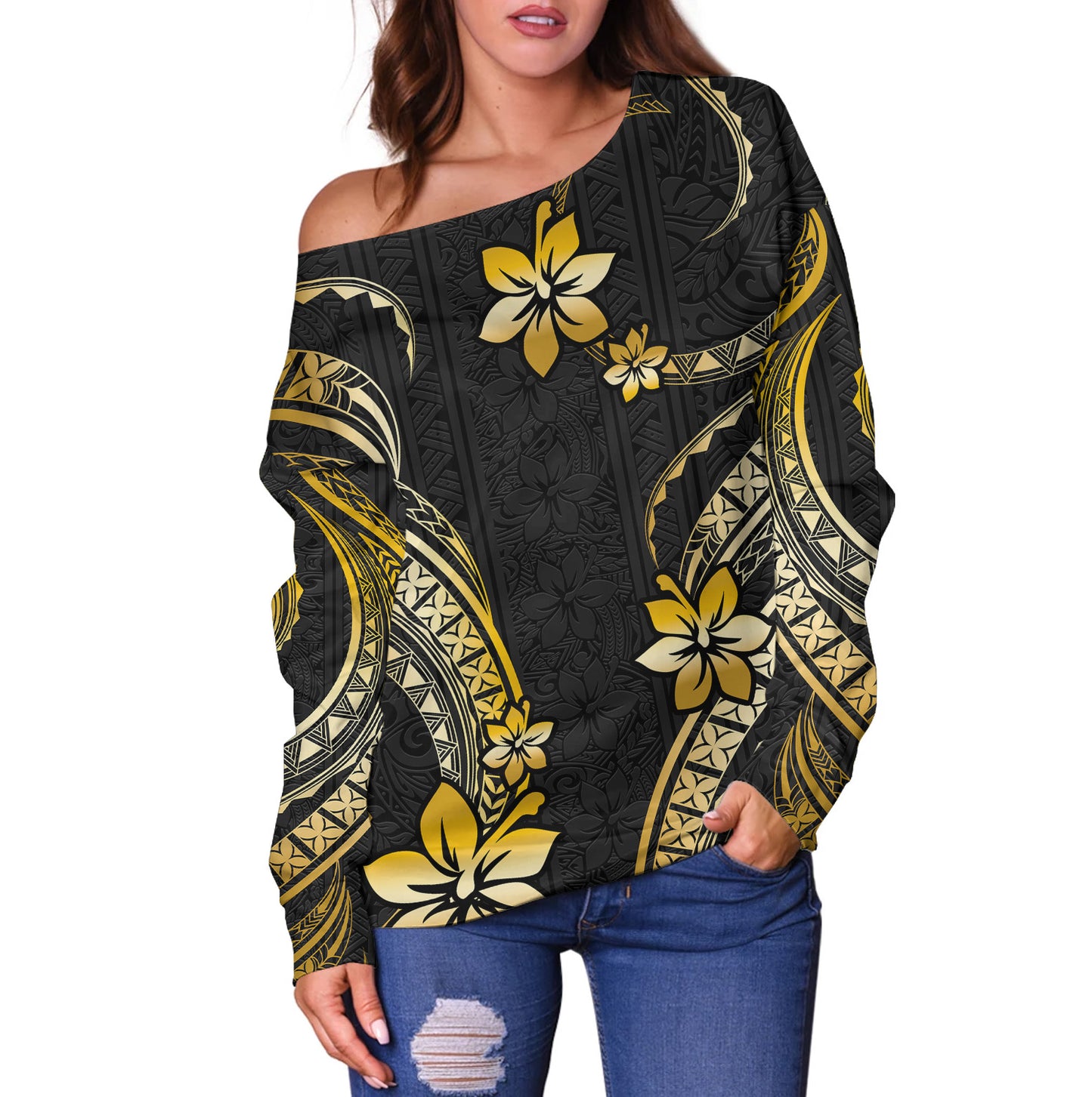 Hawaii Off Shoulder Sweatshirt Polynesian Pattern Plumeria