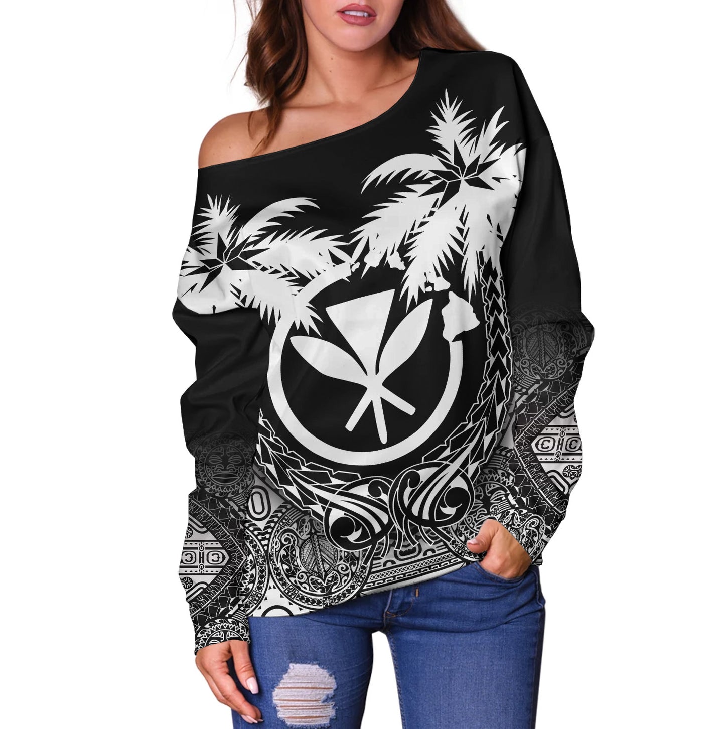 Hawaii Off Shoulder Sweatshirt Polynesian Coconut