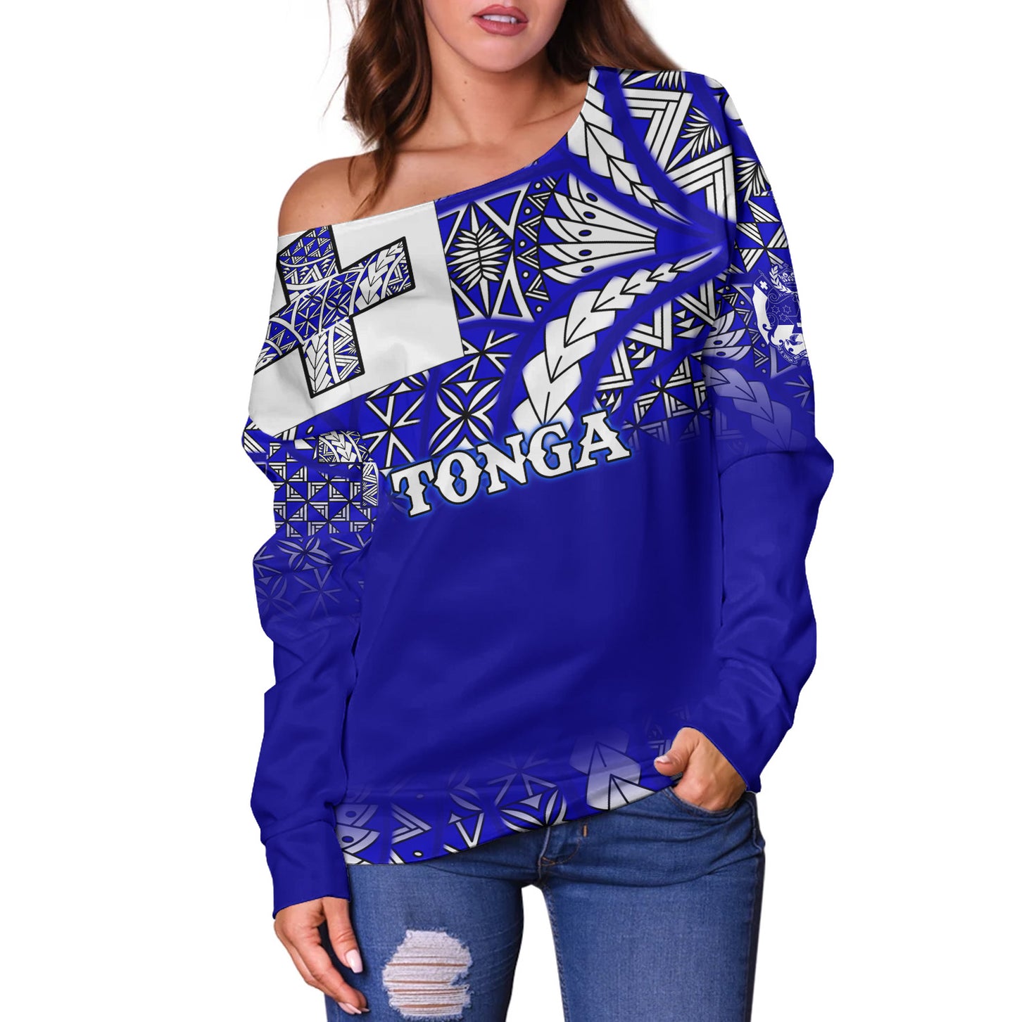 Tonga Off Shoulder Sweatshirt Tonga Blue Color With Traditional Patterns