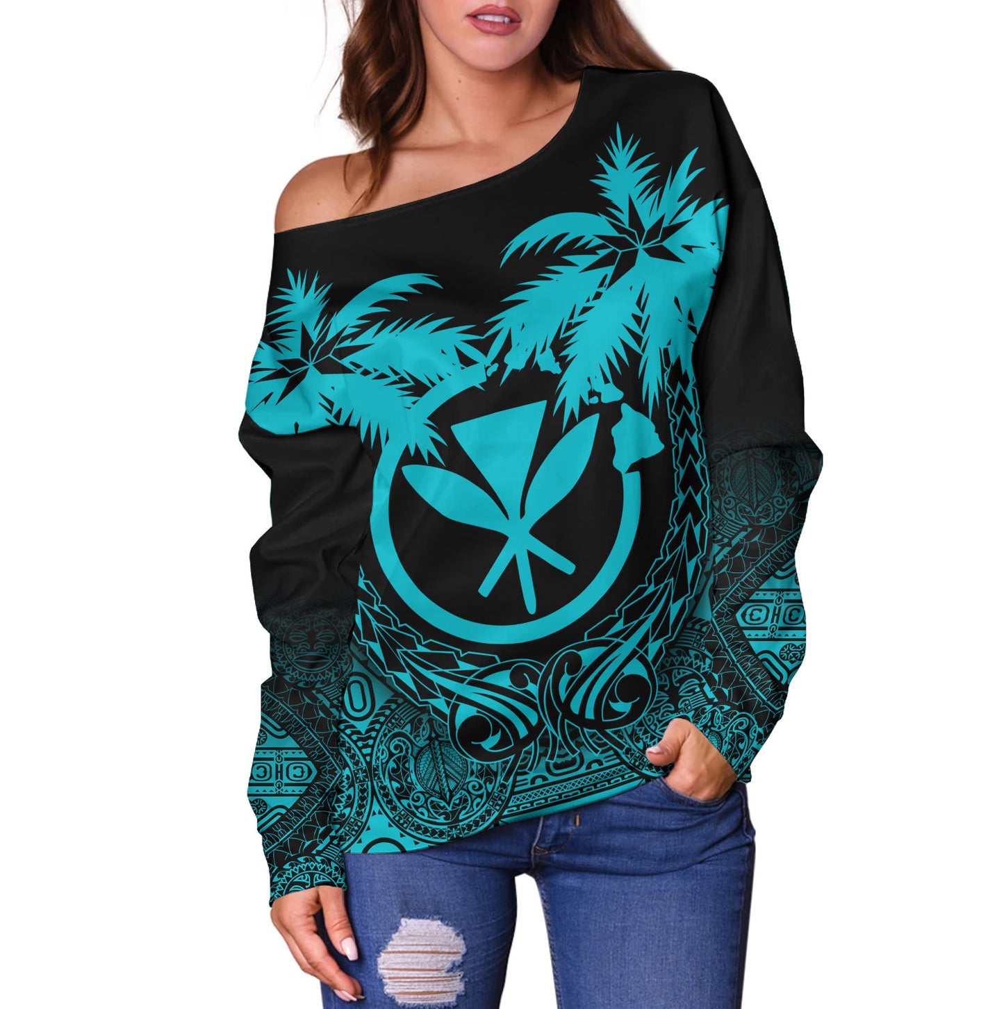 Hawaii Off Shoulder Sweatshirt Polynesian Coconut