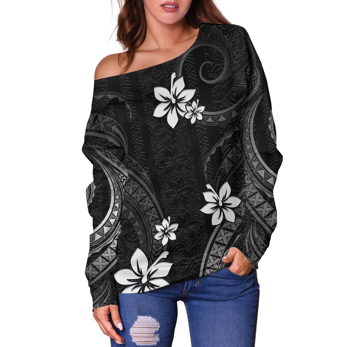 Hawaii Off Shoulder Sweatshirt Polynesian Pattern Plumeria