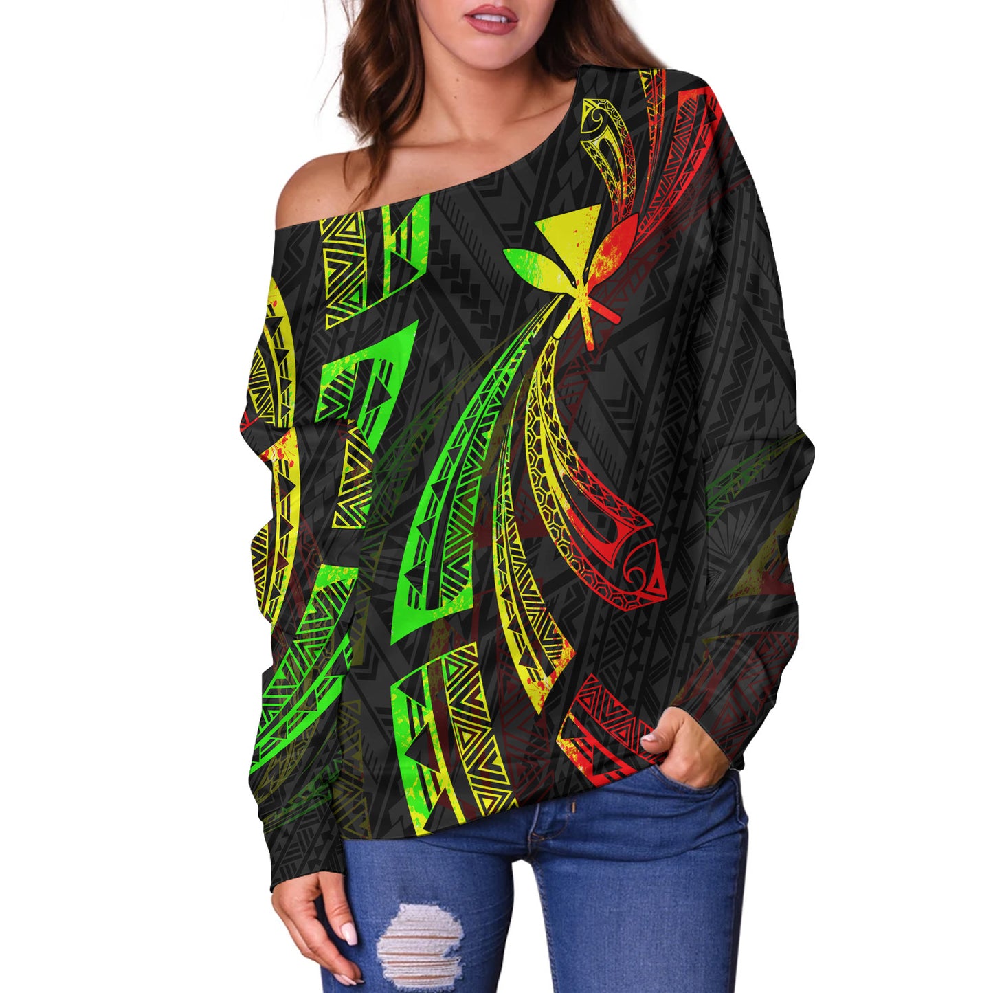 Hawaii Off Shoulder Sweatshirt Kanaka Maoli Polynesian Pattern Reggae Color