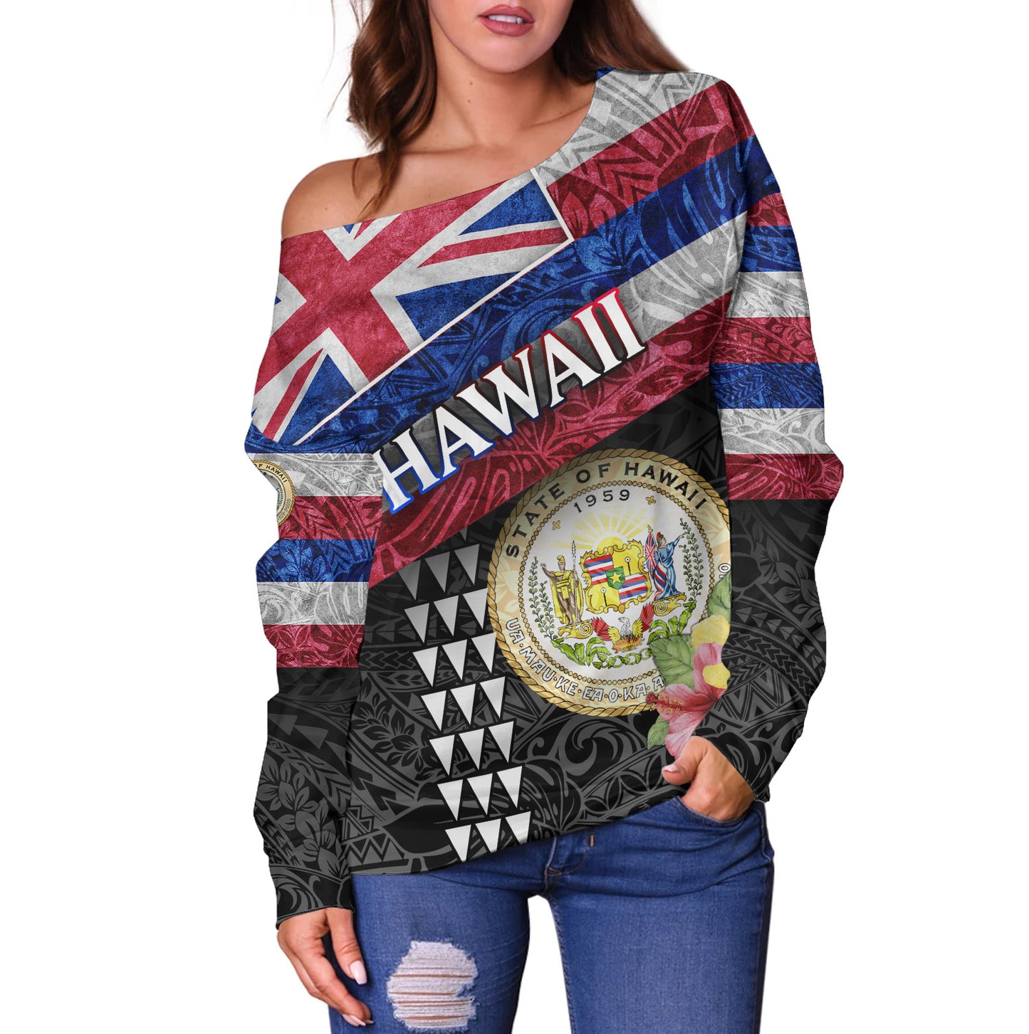 Hawaii Off Shoulder Sweatshirt Hawaiian Flag Polynesian Tribal Hibiscus Style