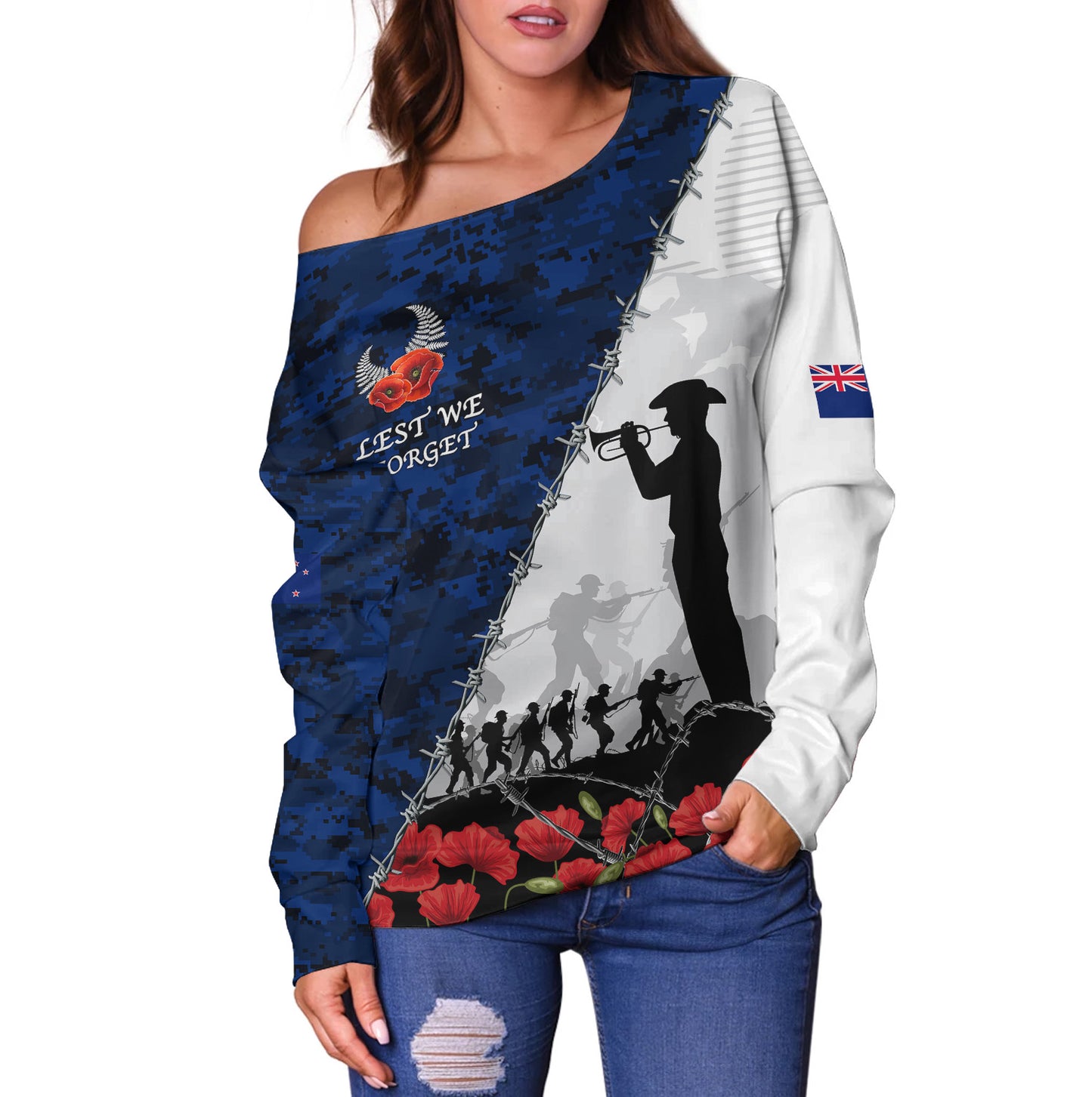 New Zealand Off Shoulder Sweatshirt Anzac Day Poppy Flower And Barbed Wire