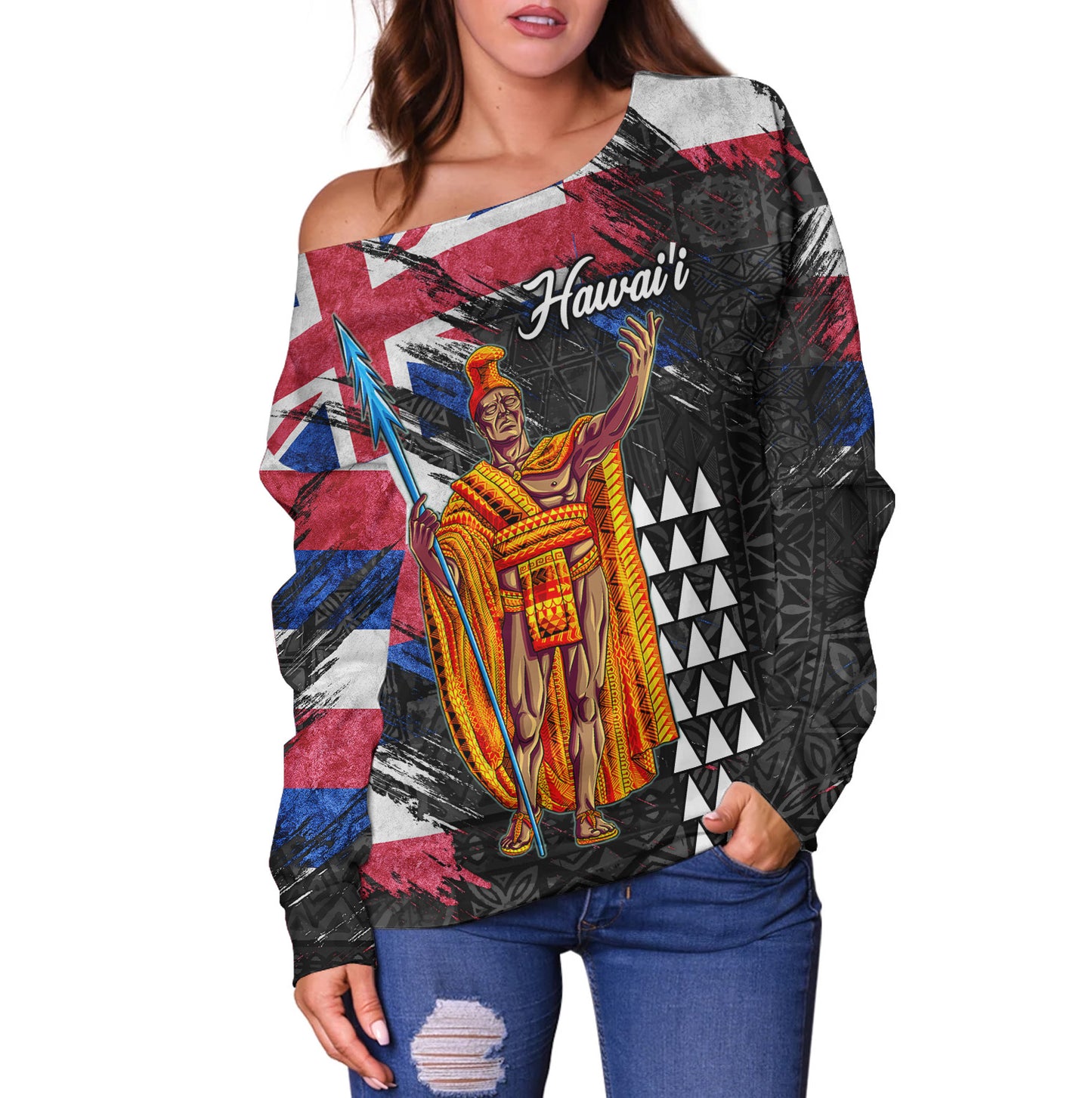 Hawaii Off Shoulder Sweatshirt  Hawaii King Grunge Style Color Flag Style