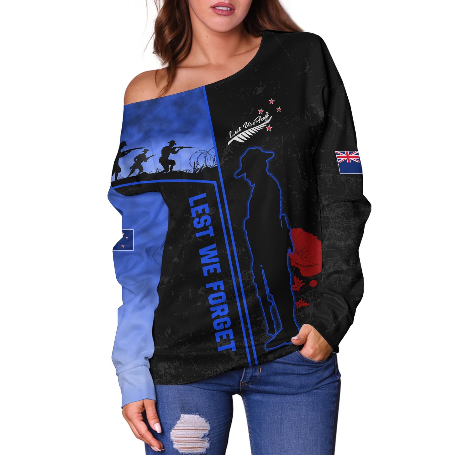 New Zealand Off Shoulder Sweatshirt Anzac Day Lest We Forget Poppy Flower Symbol