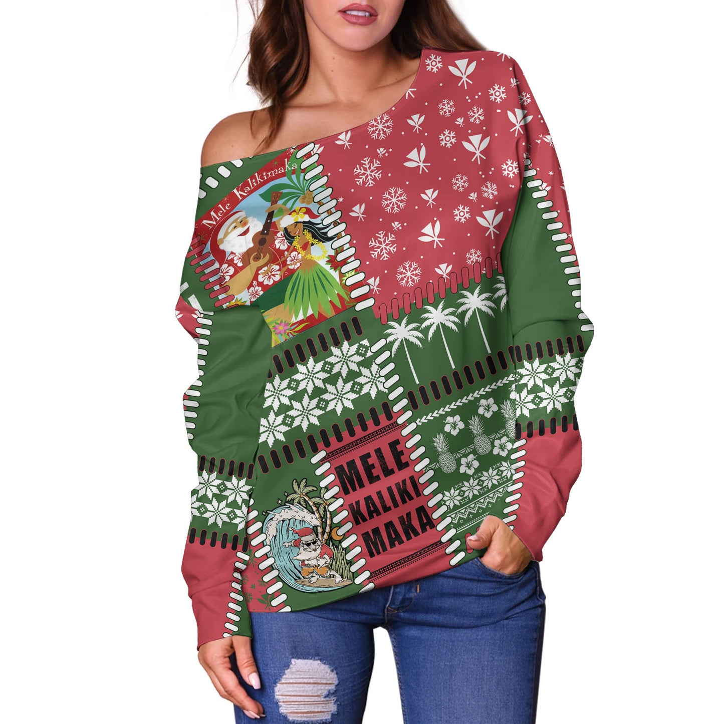 Hawaii Off Shoulder Sweatshirt Santa Surfing Mele Kalikimaka Kanaka Maoli