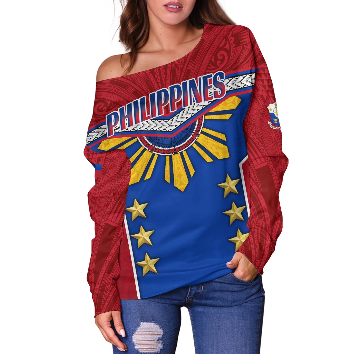 Philippines Filipinos Off Shoulder Sweatshirt Half-Up Style Flag