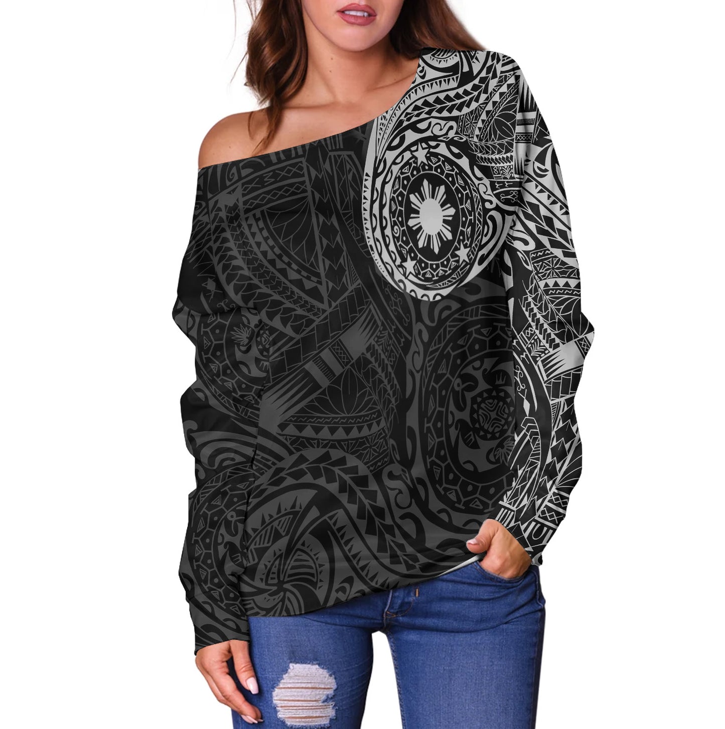 Philippines Filipinos Polynesian Tattoo Style Off Shoulder Sweatshirt