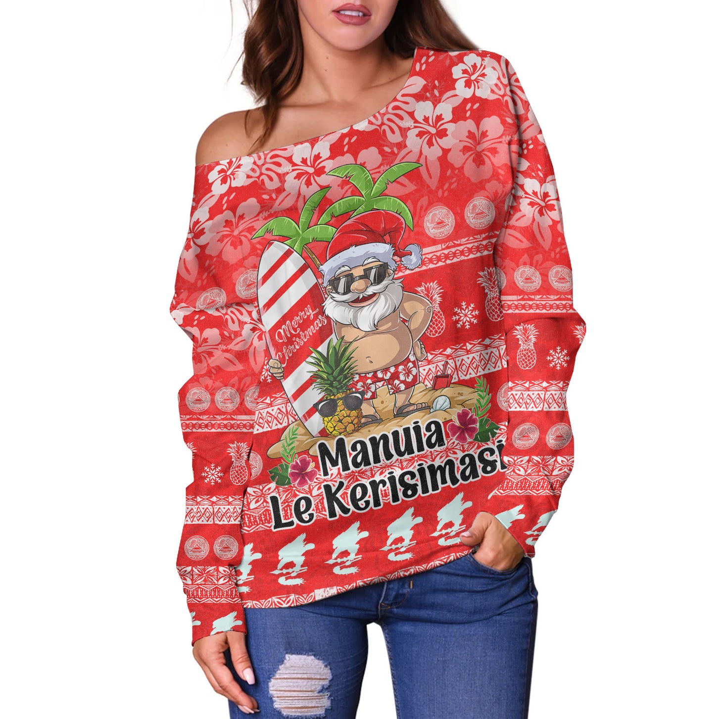 American Samoa Off Shoulder Sweatshirt Manuia Le Kerisimasi Tropical Xmas Patterns