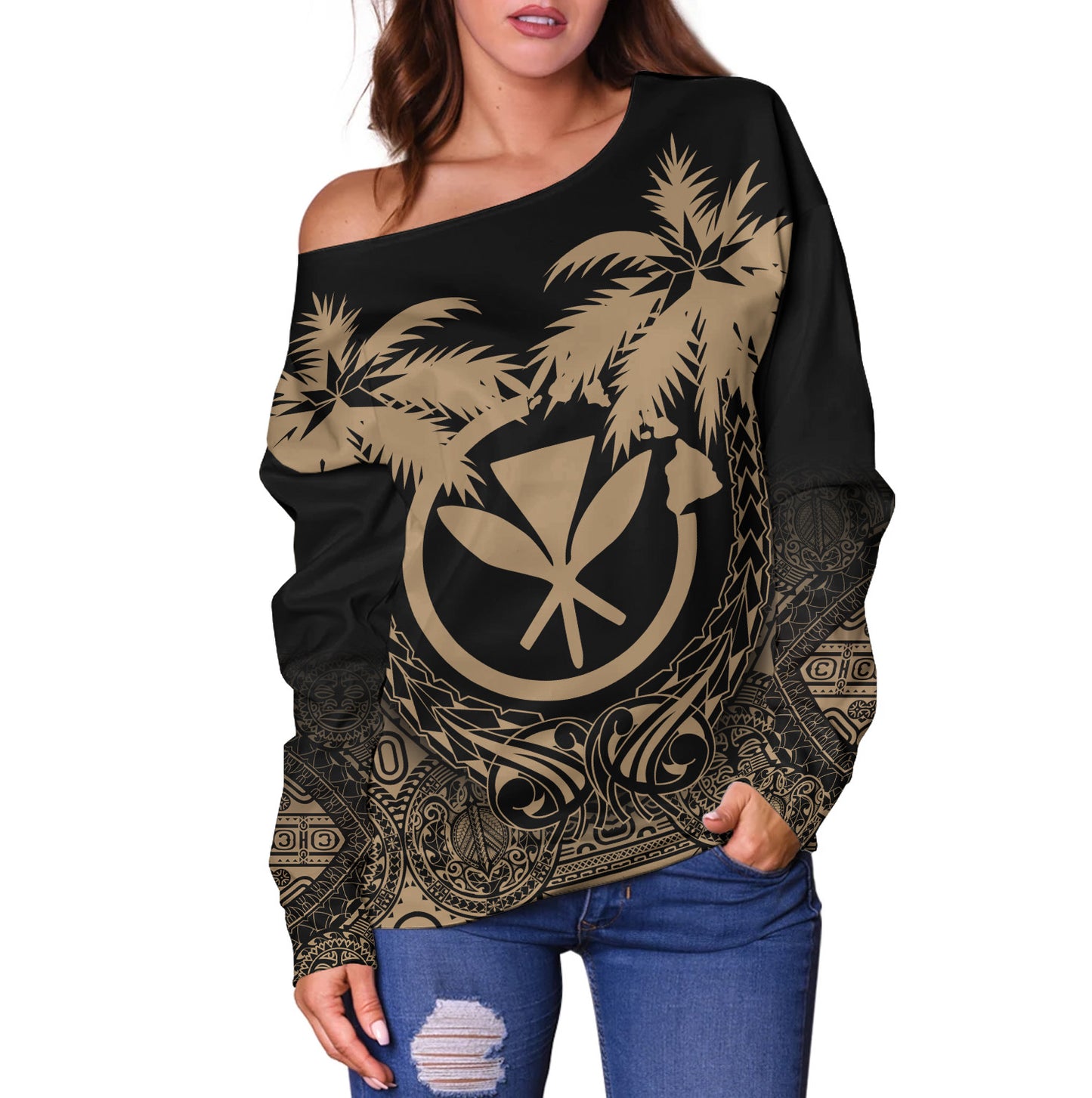 Hawaii Off Shoulder Sweatshirt Polynesian Coconut