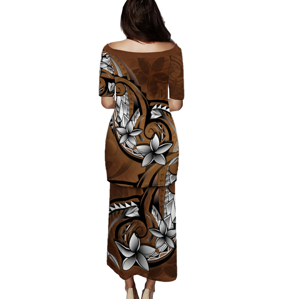 Polynesian Patterns Plumeria Flowers (Brown) Combo Puletasi And Shirt