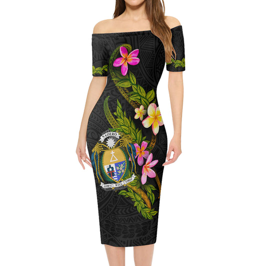 Nauru Short Sleeve Off The Shoulder Lady Dress Plumeria Tribal