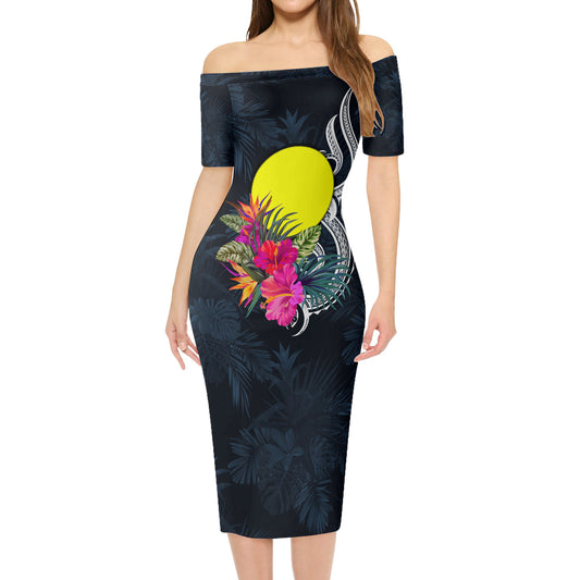 Palau Short Sleeve Off The Shoulder Lady Dress Tropical Flower