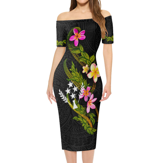 Kosrae Short Sleeve Off The Shoulder Lady Dress Plumeria Tribal