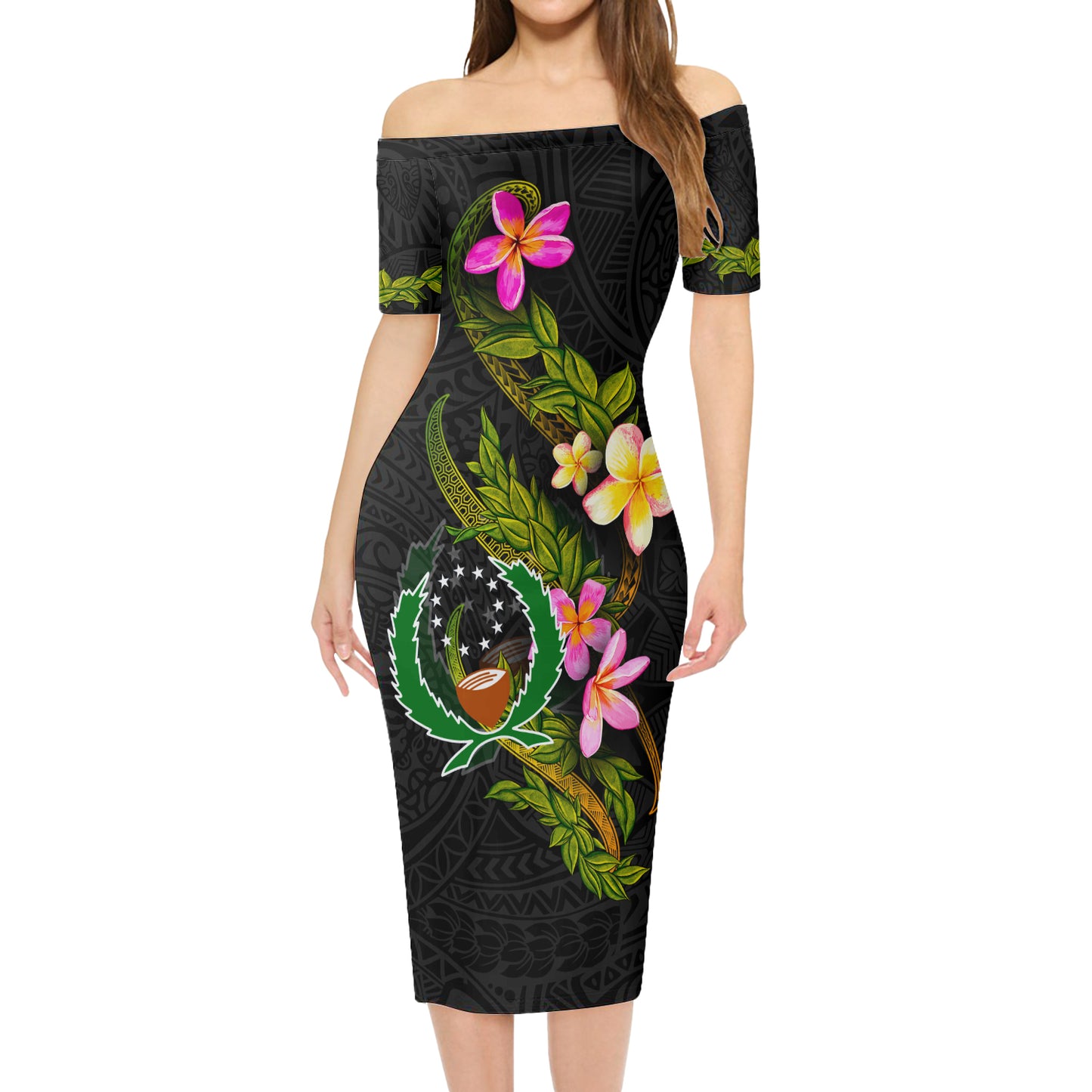 Pohnpei State Short Sleeve Off The Shoulder Lady Dress Plumeria Tribal