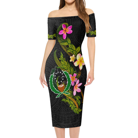 Pohnpei State Short Sleeve Off The Shoulder Lady Dress Plumeria Tribal