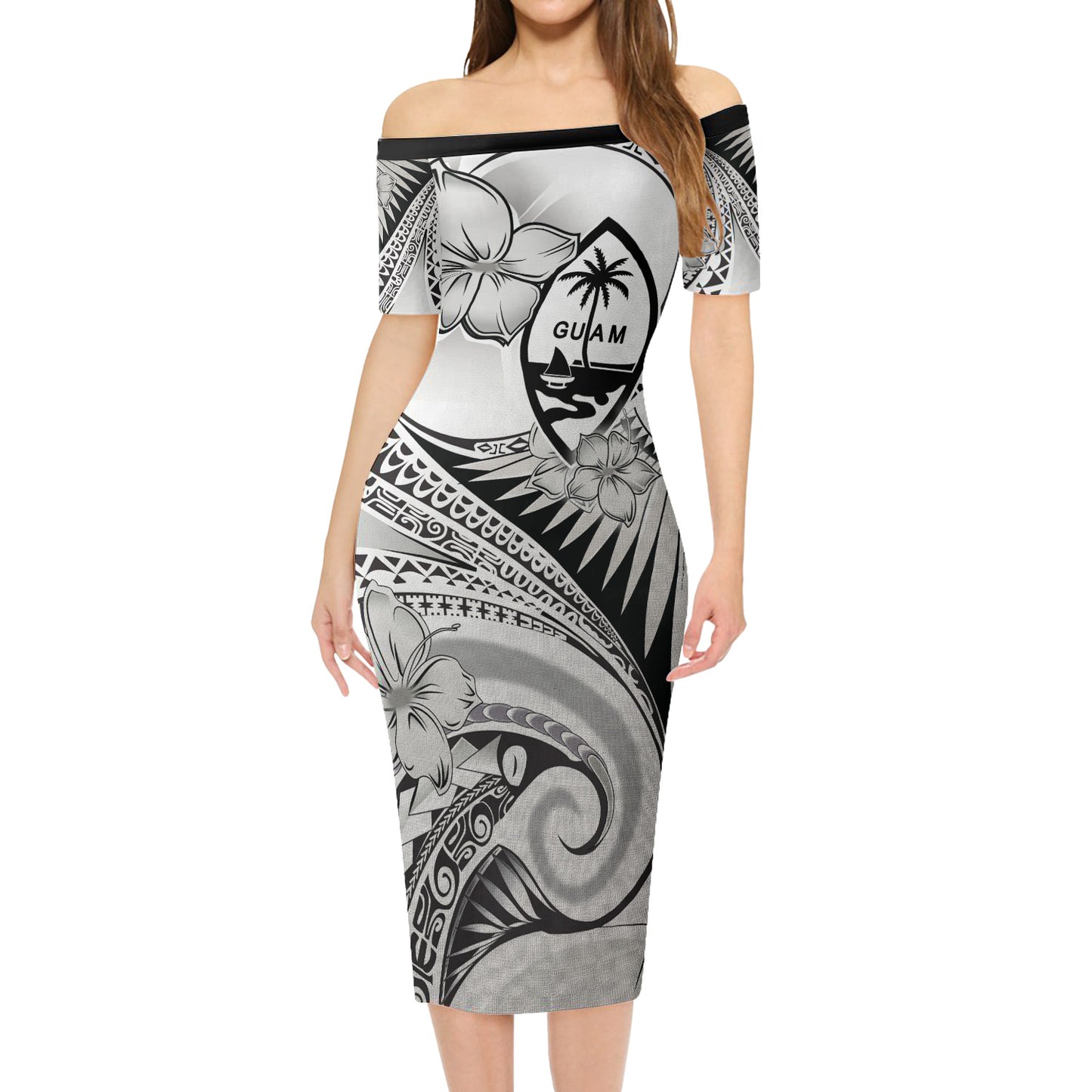 Guam Combo Short Sleeve Dress And Shirt Polynesian Tribal Waves Patterns Hibiscus Flowers
