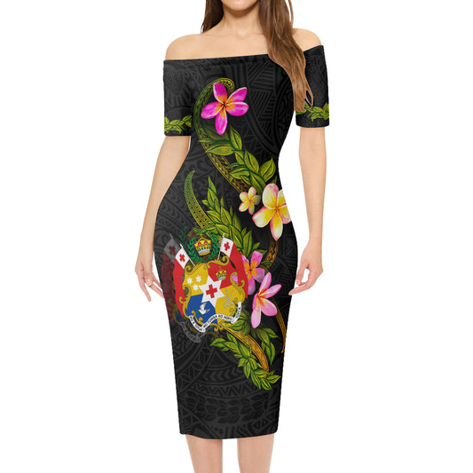 Tonga Short Sleeve Off The Shoulder Lady Dress Plumeria Tribal