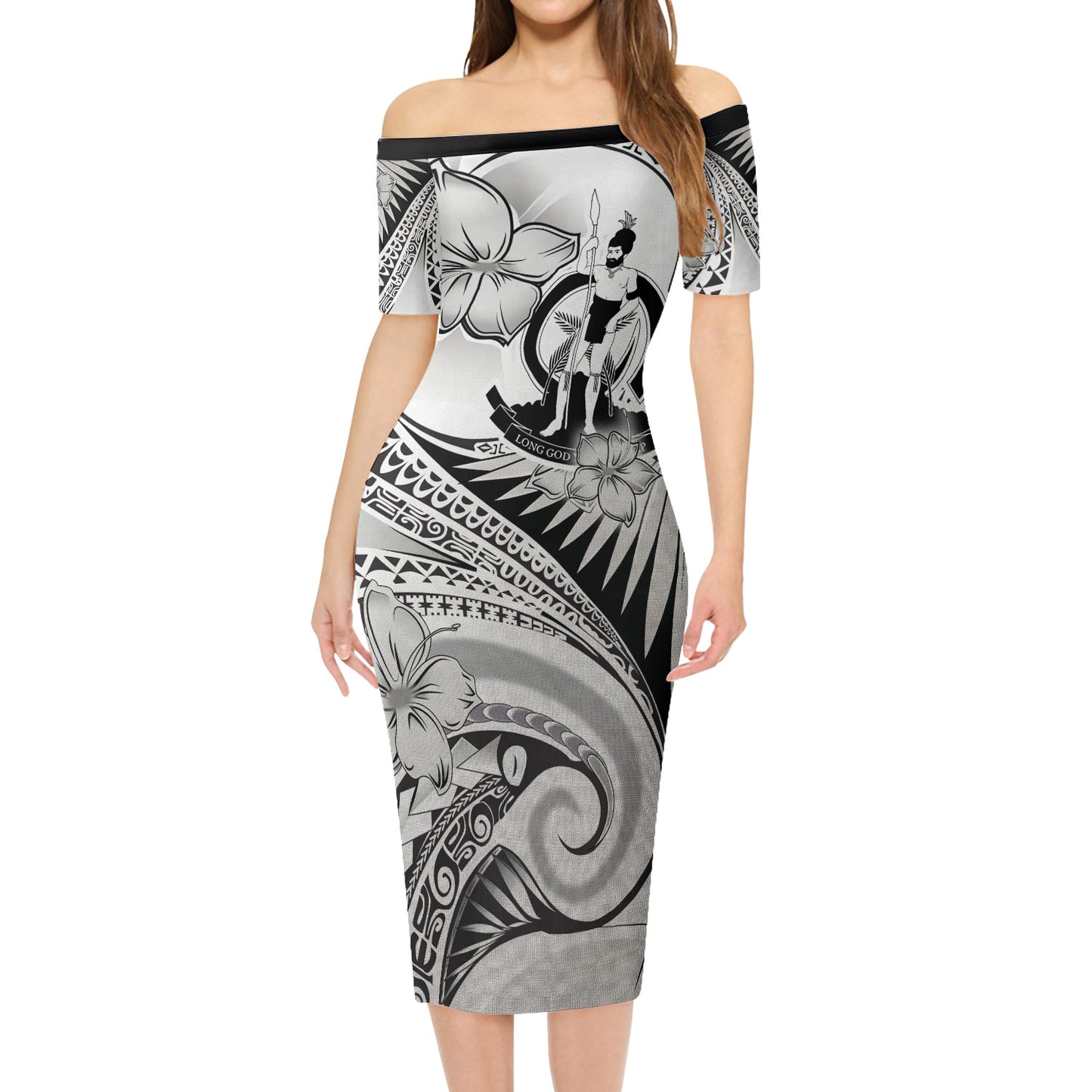 Vanuatu Combo Short Sleeve Dress And Shirt Polynesian Tribal Waves Patterns Hibiscus Flowers