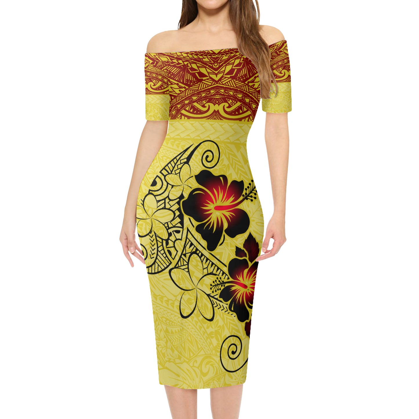 Hawaii Combo Short Sleeve Dress And Shirt Polynesian Tribal Patterns Hibiscus Flowers Yellow Color