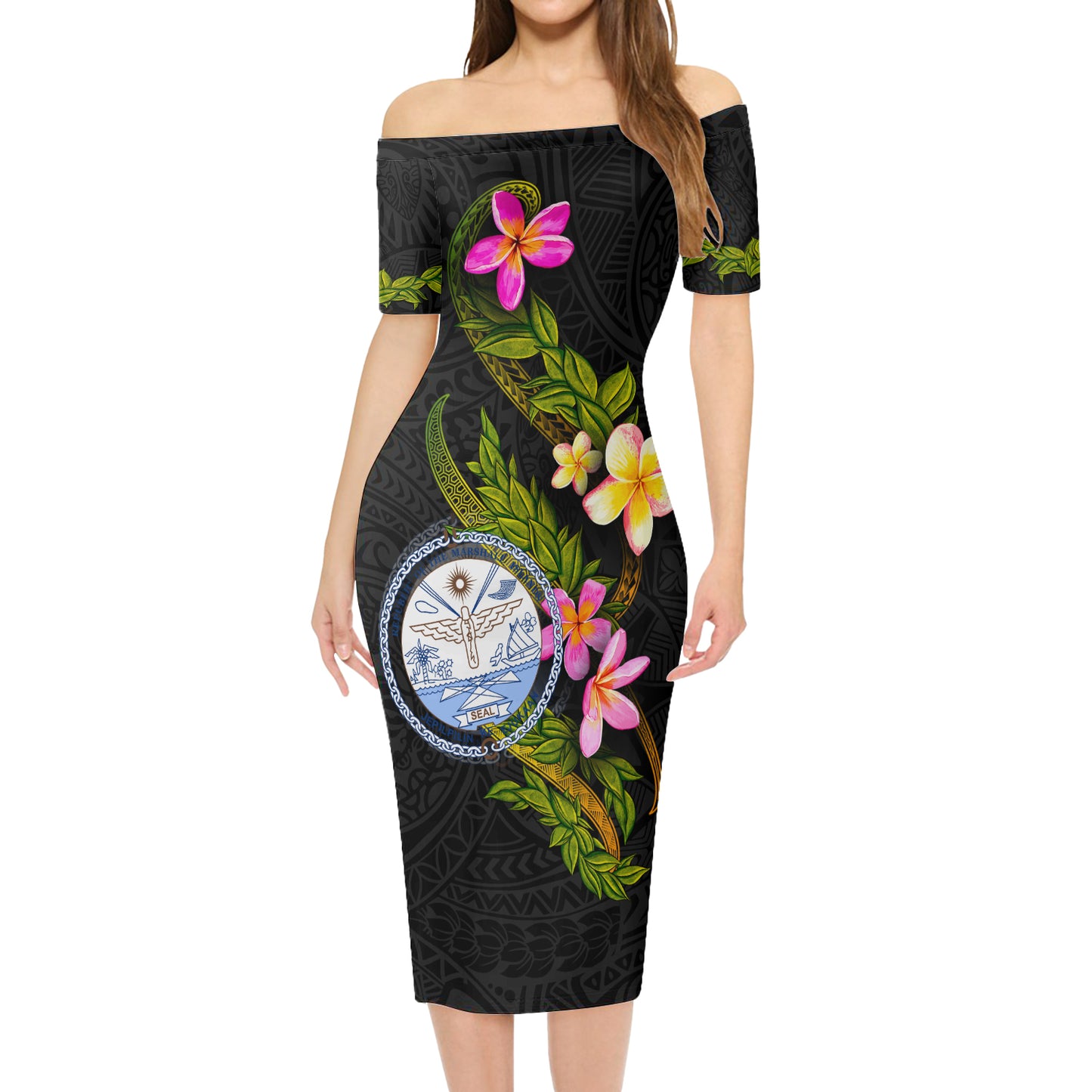 Marshall Islands Short Sleeve Off The Shoulder Lady Dress Plumeria Tribal