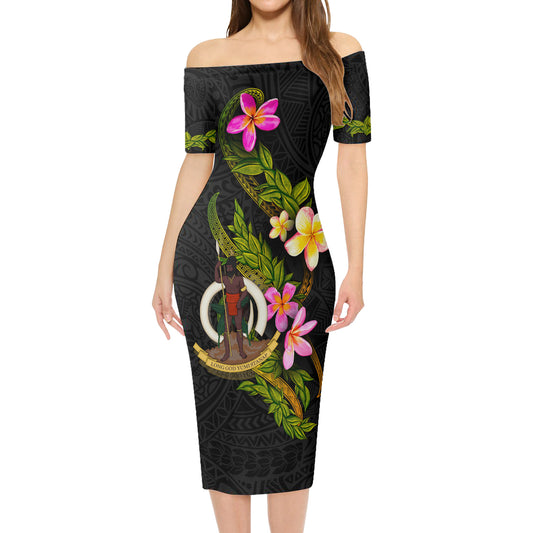 Vanuatu Short Sleeve Off The Shoulder Lady Dress Plumeria Tribal