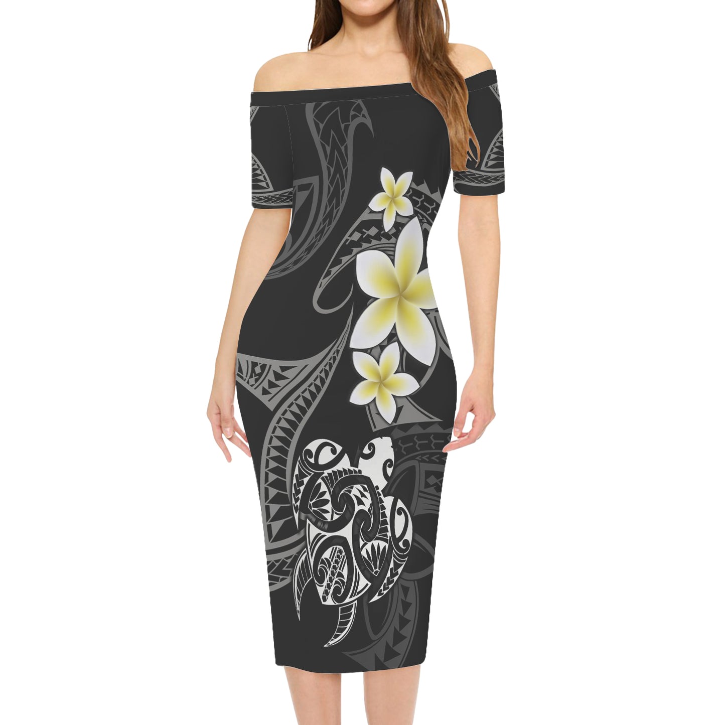 Polynesian Combo Short Sleeve Dress And Shirt Honu Plumeria Tribal Tattoo