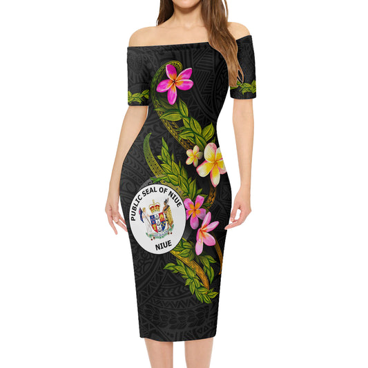 Niue Short Sleeve Off The Shoulder Lady Dress Plumeria Tribal