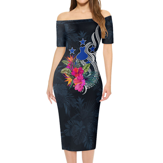Austral Islands Short Sleeve Off The Shoulder Lady Dress Tropical Flower