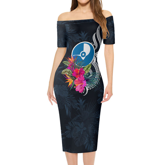 Yap State Short Sleeve Off The Shoulder Lady Dress Tropical Flower