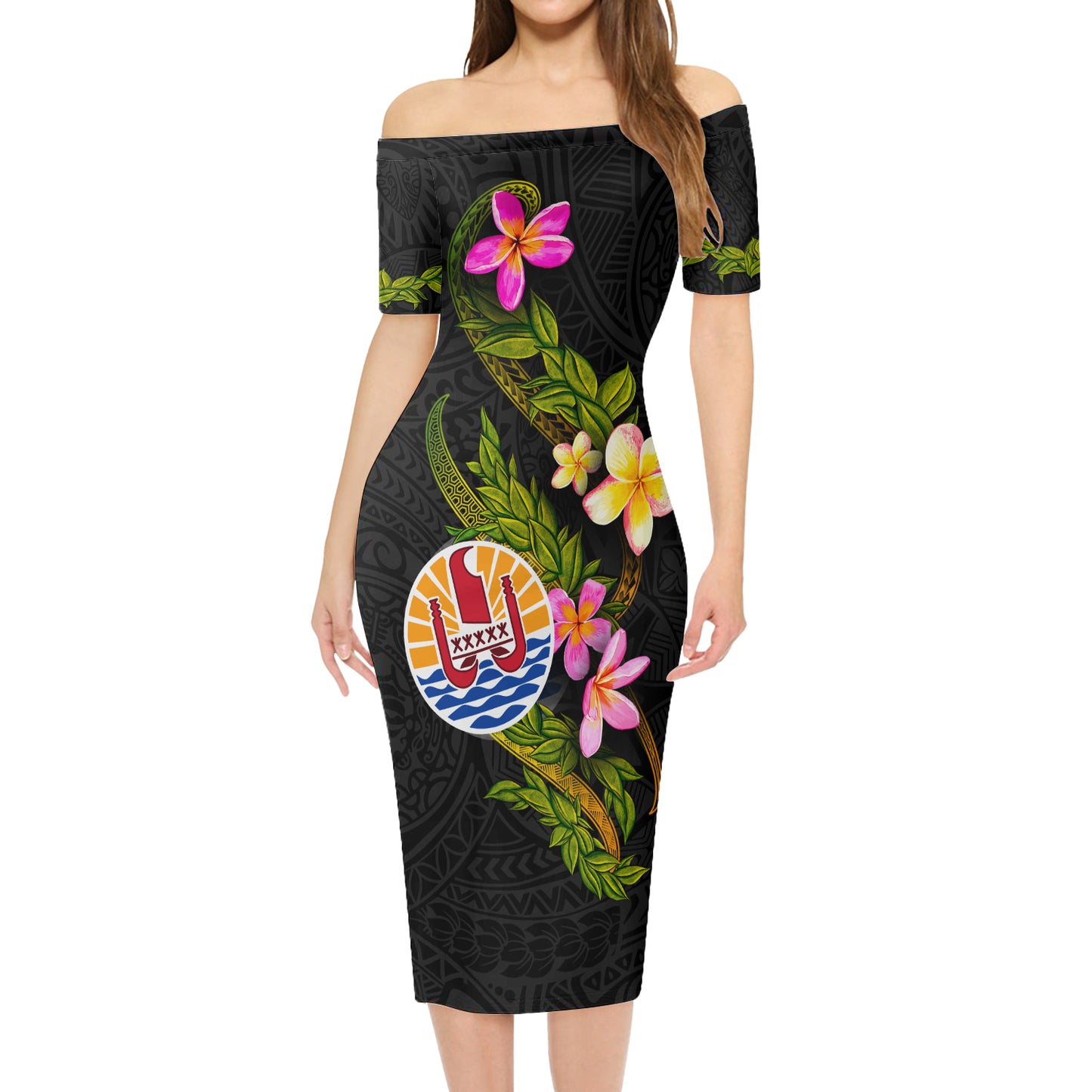 Tahiti Short Sleeve Off The Shoulder Lady Dress Plumeria Tribal