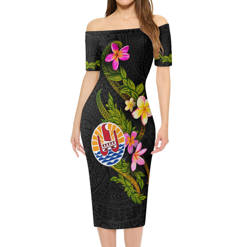 Tahiti Short Sleeve Off The Shoulder Lady Dress Plumeria Tribal