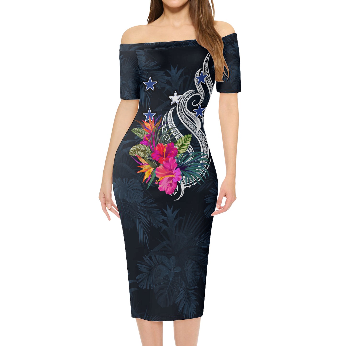 Gambier Islands Short Sleeve Off The Shoulder Lady Dress Tropical Flower