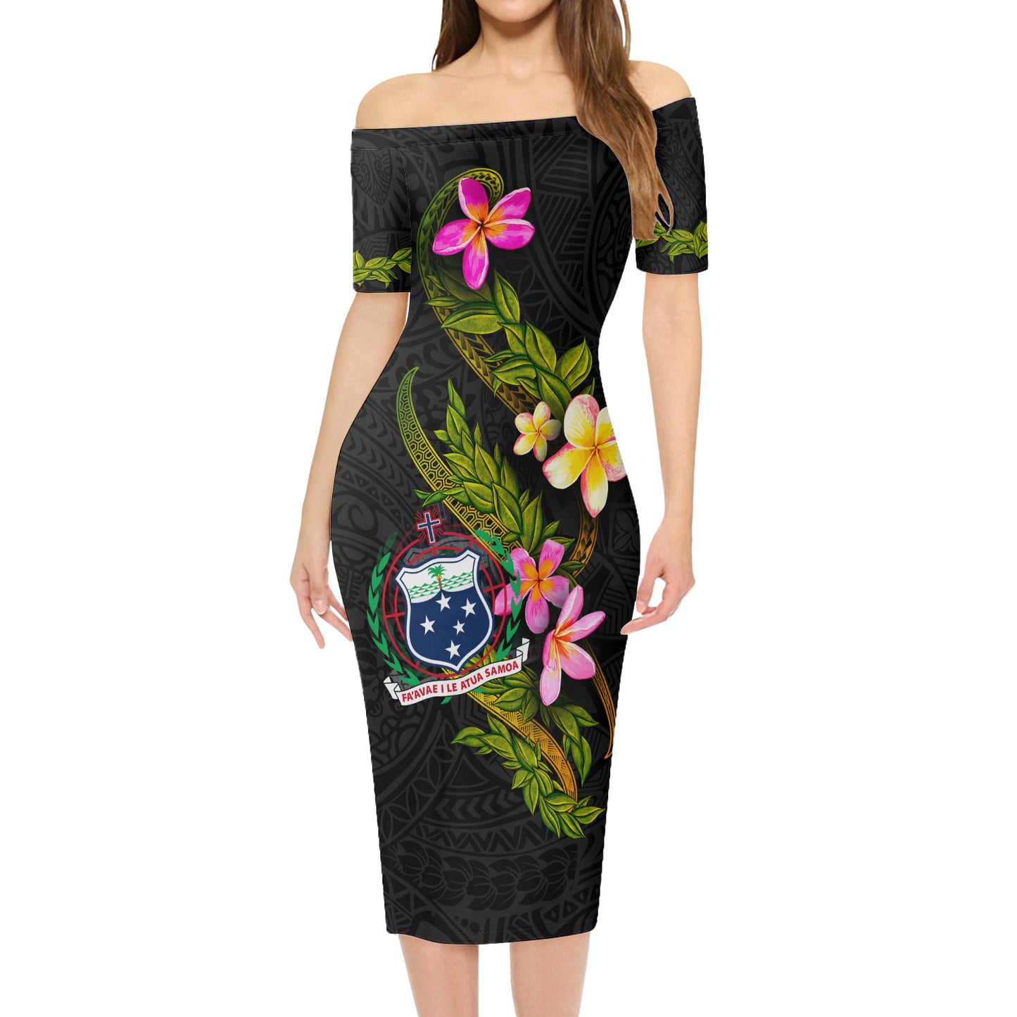 Samoa Short Sleeve Off The Shoulder Lady Dress Plumeria Tribal