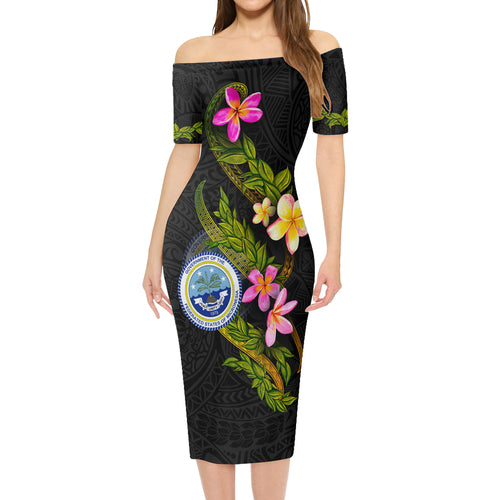 Federated States Of Micronesia Short Sleeve Off The Shoulder Lady Dress Plumeria Tribal