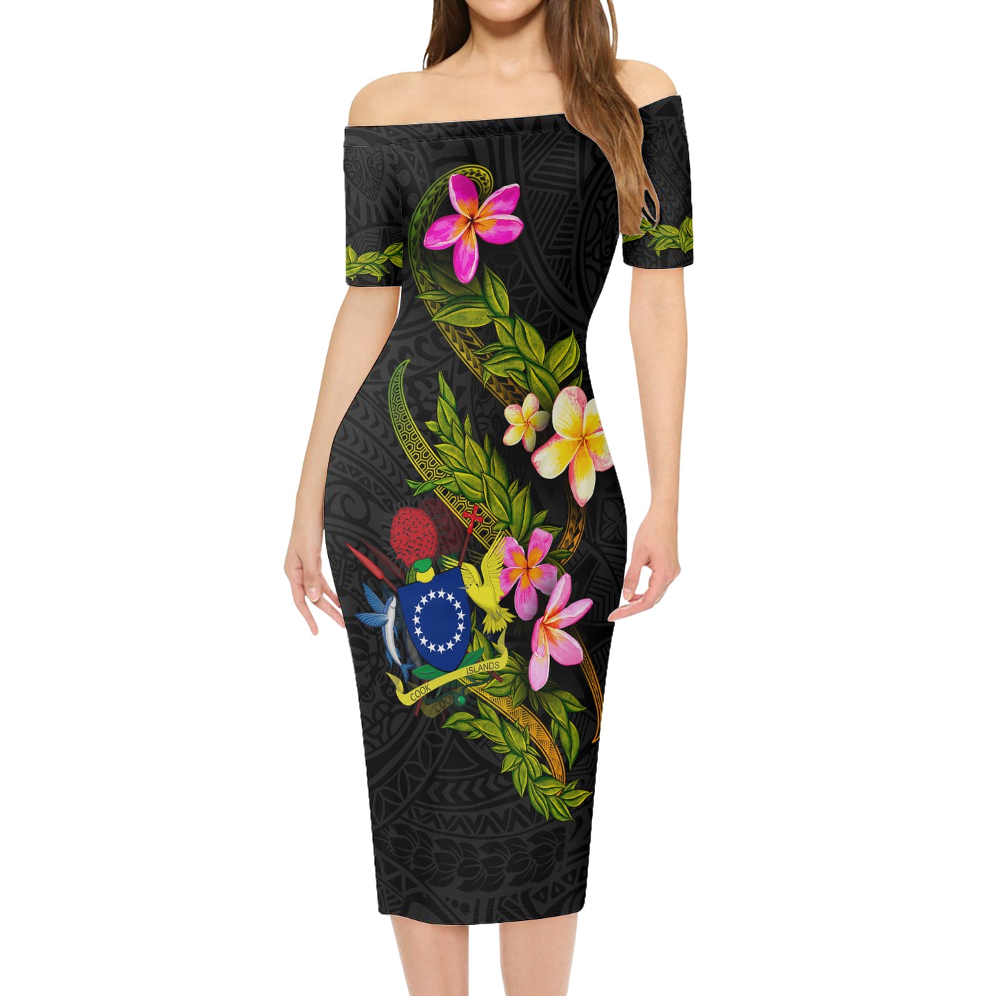 Cook Islands Short Sleeve Off The Shoulder Lady Dress Plumeria Tribal