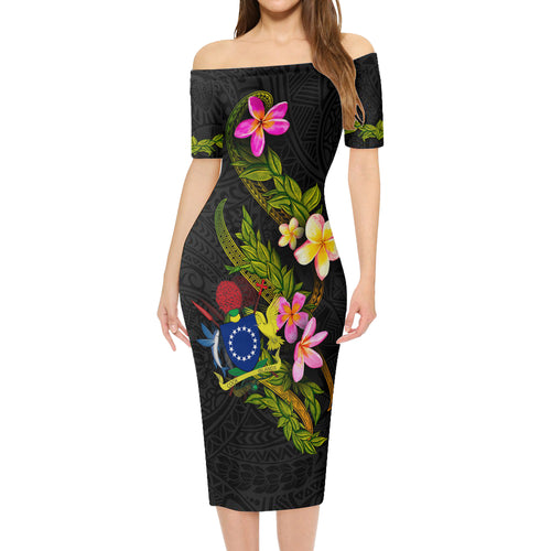Cook Islands Short Sleeve Off The Shoulder Lady Dress Plumeria Tribal