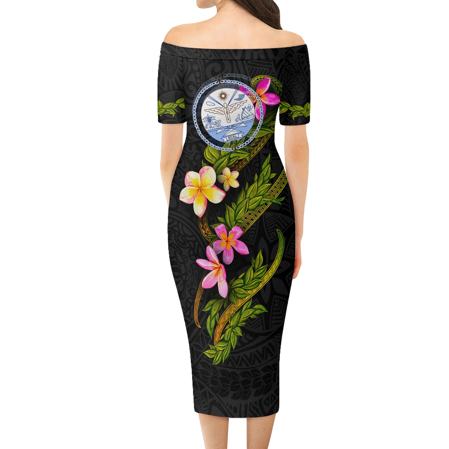 Marshall Islands Short Sleeve Off The Shoulder Lady Dress Plumeria Tribal