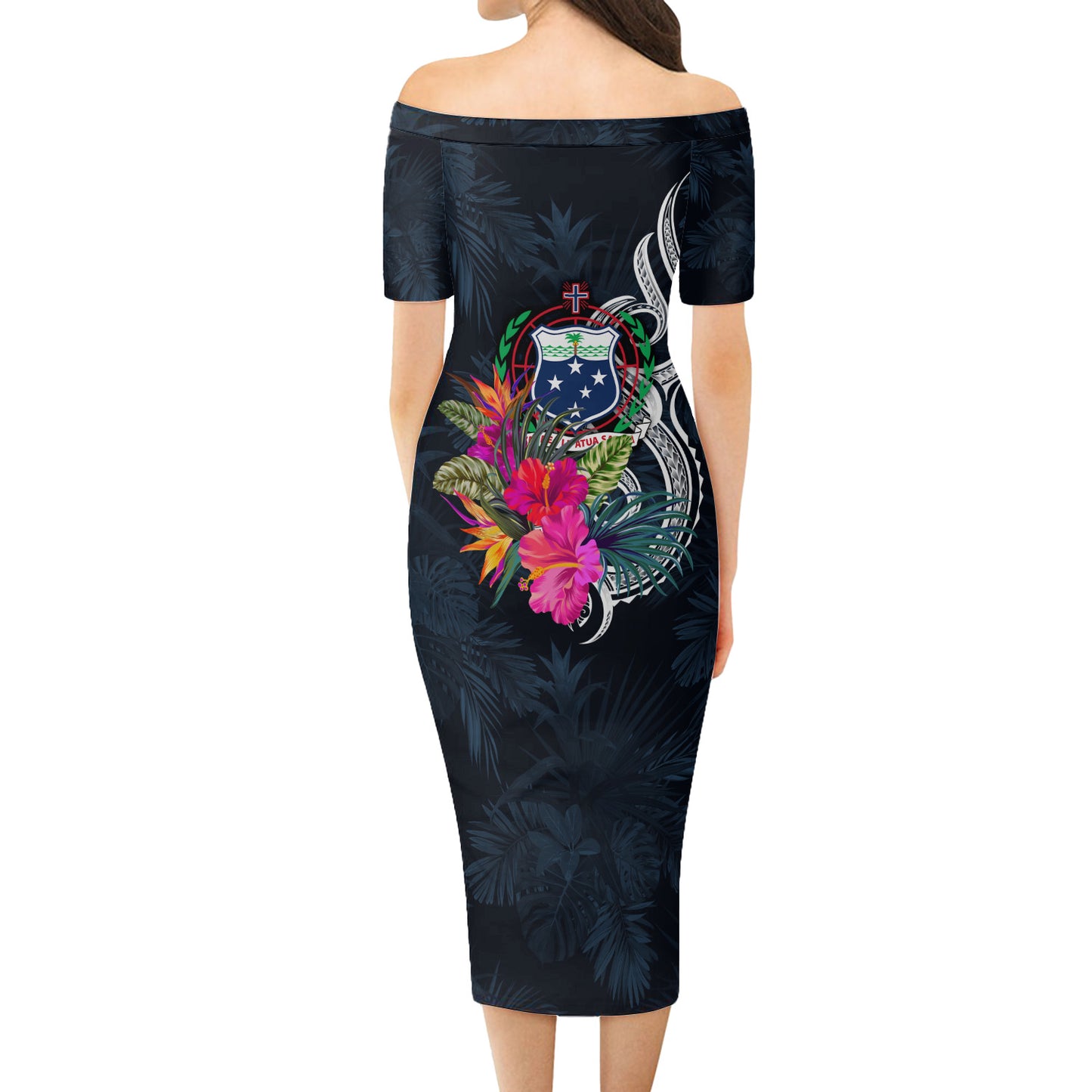 Samoa Short Sleeve Off The Shoulder Lady Dress Tropical Flower