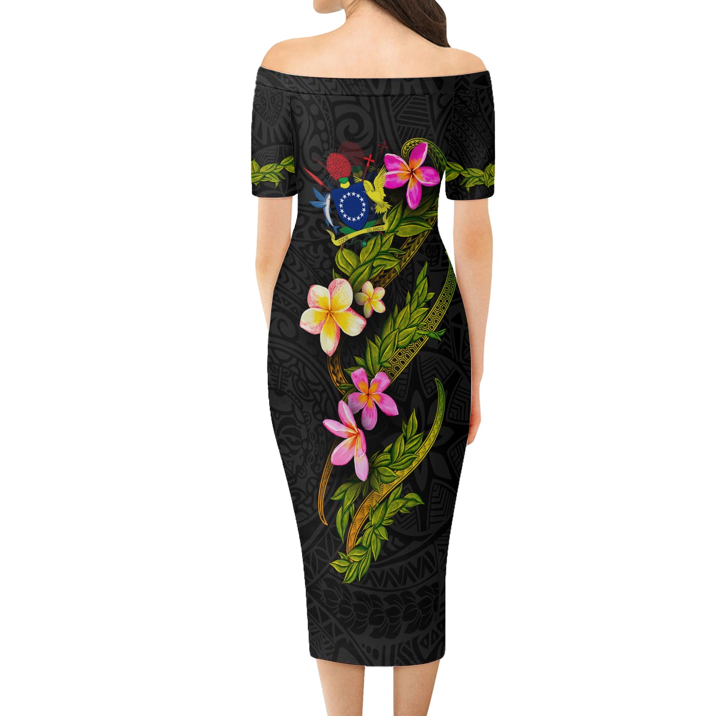 Cook Islands Short Sleeve Off The Shoulder Lady Dress Plumeria Tribal